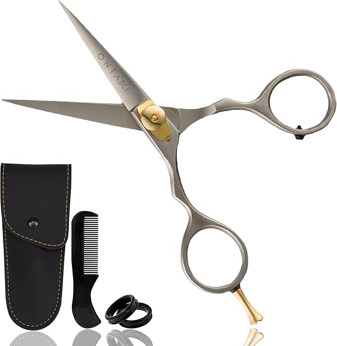 Ontaki Japanese Steel Beard & Hair Shears - Silver, 5.5 in - Precision Sharp Blades for Professional Hair Scissors - Rounded Tips for Mustache Scissors for Men - Finger Rest for Shears for Beard