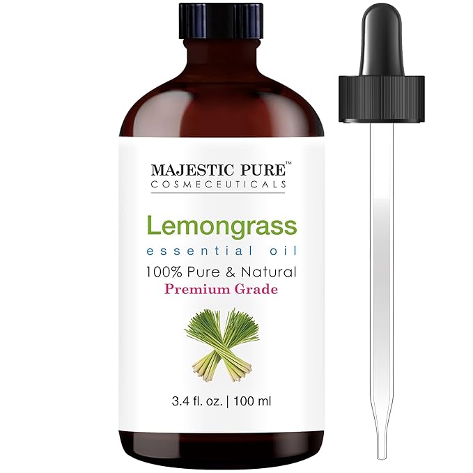 Majestic Pure Lemongrass Essential Oil with Glass Dropper - 3.4 Fl Oz - 100% Pure and Natural Lemongrass Oil - Premium Grade Essential Oils for Diffuser, Aromatherapy, Soap and Candle Making