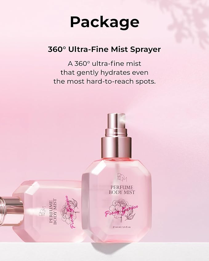 BOM Peony Garden Perfume Body Mist 3.71 Fl Oz, Floral Scented Fine Mist with Hyaluronic Acid, Niacinamide & Vitamin C, Hydrating, Lightweight Body Perfume, Long-Lasting Fragrance, Korean Skincare