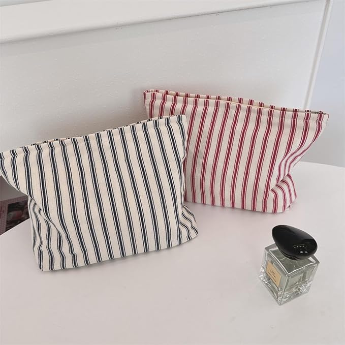PAZIMIIK Makeup Bag Large Cotton Zipper Pouch for Purse Travel Canvas Make Up Organizer for Women Cosmetic,Vintage Stripe Navy Blue