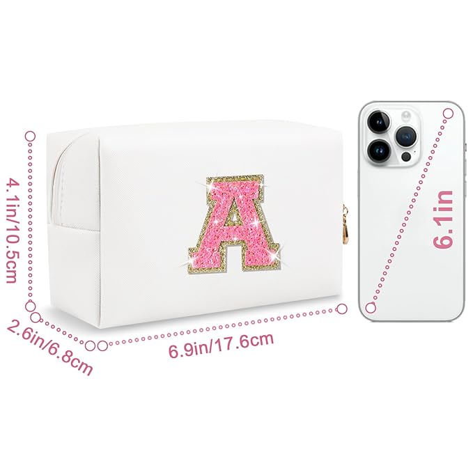 Small Personalized Initial A-Z Patch Makeup Bag,White Cute PU Leather Glitter Letter Cosmetic Bag for Teen Girls,Travel Toiletry Bag with Zipper,Preppy Monogrammed Birthday Gift for Daughter Niece A