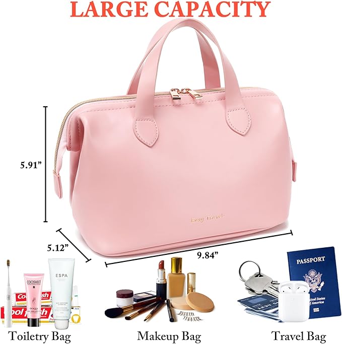 Travel Makeup Bag, Large Wide-open Cosmetic Bag Make Up Organizer Case for Women, Waterproof PU Leather Toiletry Bag Skincare Pouch for Toiletries Accessories Brushes