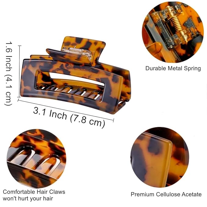 Hair Claw Clips Cutout Tortoise Shell Celluloid Hair Jaw Clips 3 Inches French Design Rectangle Hair Clamp for Women Ladies Mother (2 Pack)