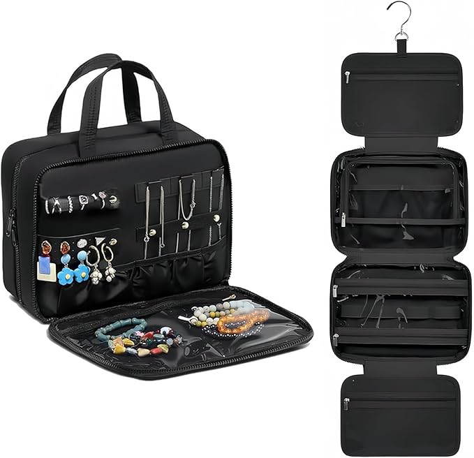 Inmorven Travel Hanging Toiletry Bag for Women, Makeup Cosmetic Bag with Jewelry Organizer, Waterproof DoppKit Set for Girls Large Capacity, Carry-on Travel Accessories Essentials - Black