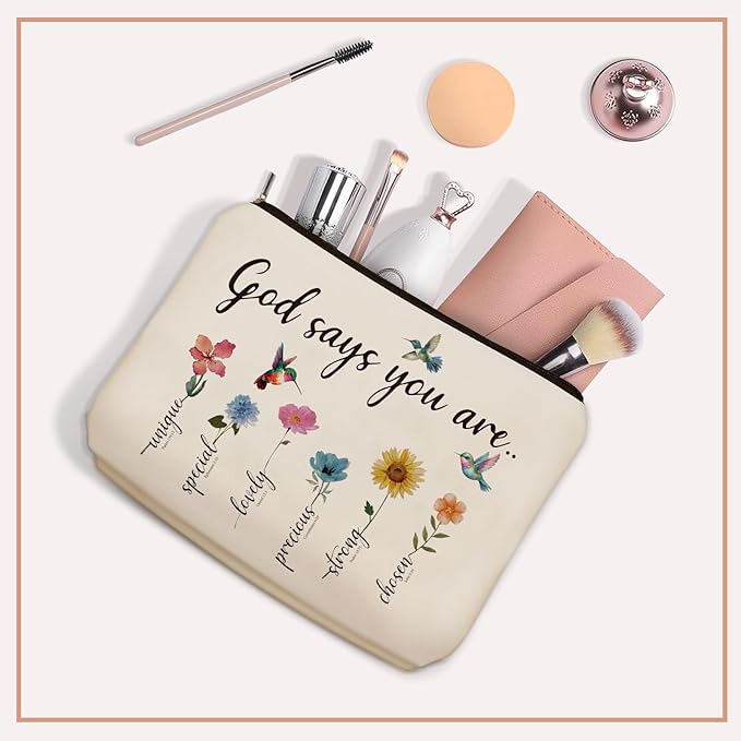 God Says You Are Scripture Makeup Bag Christian Christmas Gift: Inspirational Bible Verse Cosmetic Bag, Affirmations Gifts, Encouragement Gifts, Flower Bird Themd Birthday Gifts for Women Girls