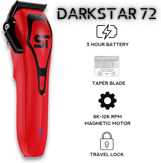 Supreme Trimmer Darkstar 72 Clipper with Magnetic Vector Motor | 180 Min Run Time, 9000 RPM Barber Hair Clipper | Low Noise, Professional Clipper DLC Blades | STC72