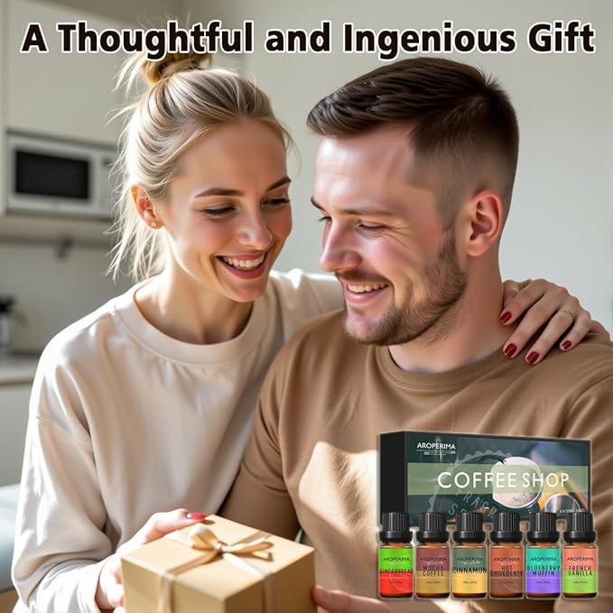 Coffee Shop Fragrance Essential Oil Set - Mocha Coffee, Gingerbread, Hot Chocolate, Blueberry Muffin, French Vanilla, Cinnamon 6x10ML for Diffusers, Aromatherapy, Massage