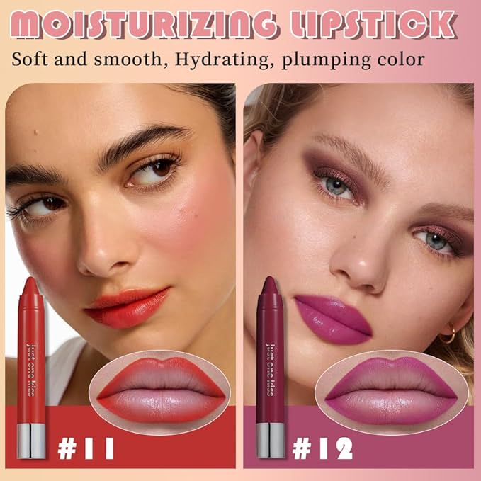 2Pcs Bright Red & Fuchsia Rose Hydrating Cream Lipsticks Lip Crayon for Women, Moisturing Lipstick Longwear Lip Crayon Set for Ombre Shades, Matte Creamy Lips Stick Natural Nourishing Lips Balm Set, F