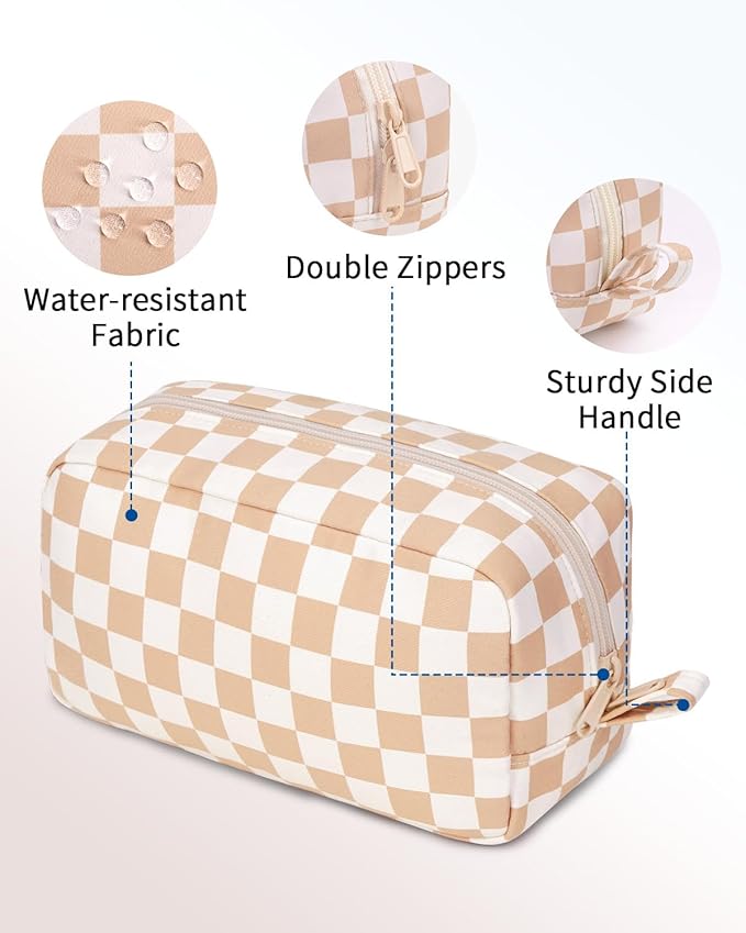 Narwey Checkered Makeup Bag Travel Cosmetic Bag Organizer Small Toiletry Bag Make Up Bags with Organized Pockets for Women (Light Checkerboard, Large)
