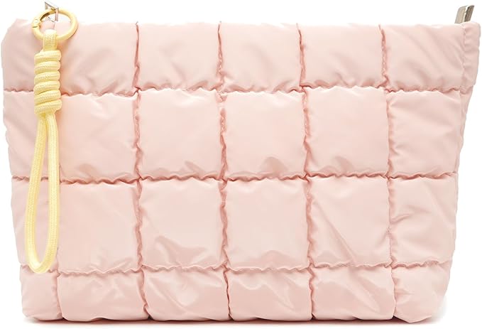 Puffer Quilted Makeup Bag Travel Cosmetic Bag Portable Puffy Checkered Toiletry Pouch Skincare Organizer Purse Pencil Case (Pink)
