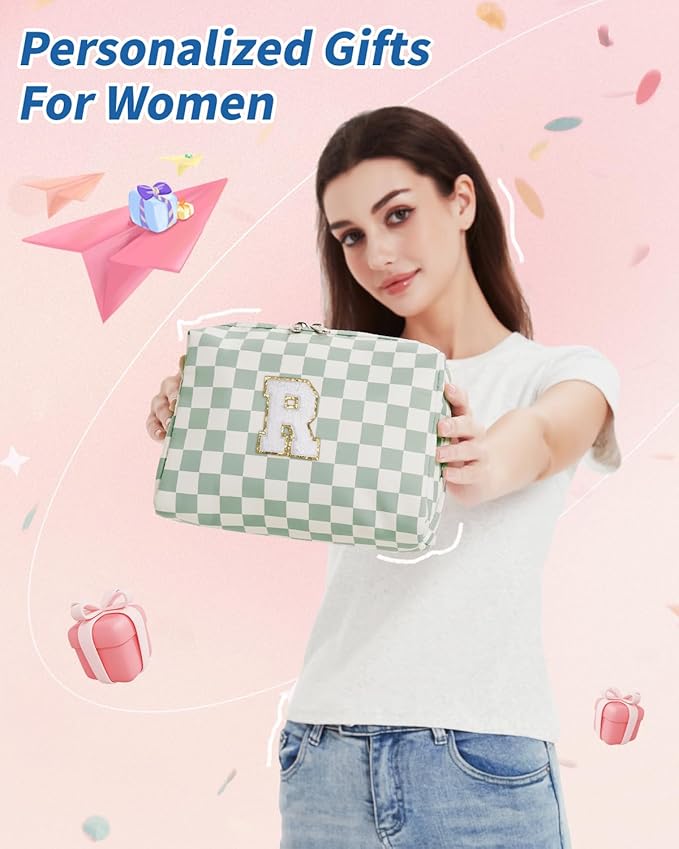 Narwey Birthday Gifts for Teen Girls Women Personalized Initial Checkered Makeup Bag Preppy Cosmetic Bag Trendy Stuff 6 8 10 11 12 13 14 16 18 Years Old Travel Toiletry Bag (Green Letter R)