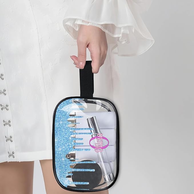 Custom Makeup Toiletry Bag, Personalized Clear Travel PVC Cosmetic Organizer Case Portable Bag with Zipper, Light Sky Blue Fluid Shape Sparkly Glittery