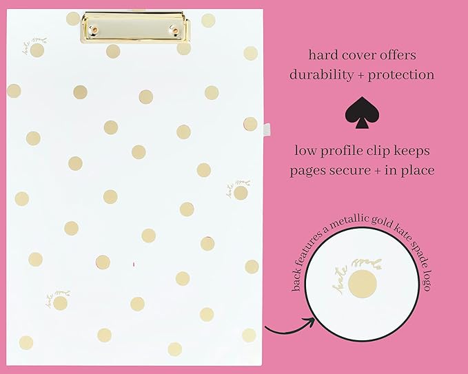 Kate Spade New York A4 Clipboard Folio with Low Profile Clip, Professional Padfolio Includes Lined Notepad, Pen Loop, and Pocket, Gold Dot with Script