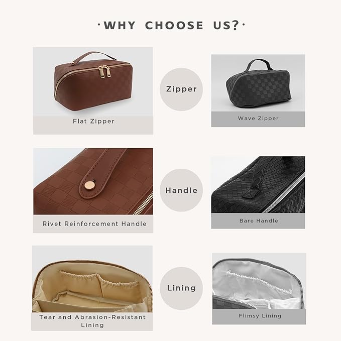 Travel Makeup Bag – Large Cosmetic Organizer with Waterproof PU Leather, Smooth Double Zipper & Tear-Resistant Lining, Toiletry Pouch for Women (Brown)