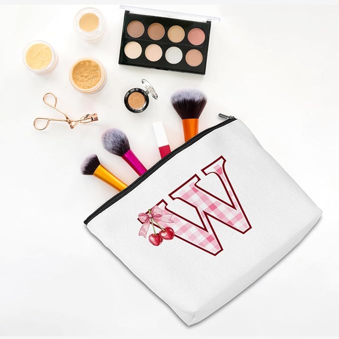 Initial Makeup Bag Monogram Cosmetic Bag Monogrammed Gifts for Women Girls Friends Coworker Teacher Personalized Travel Toiletry Bag Christmas Bridal Shower Wedding Bridesmaid Gifts, Cherry W