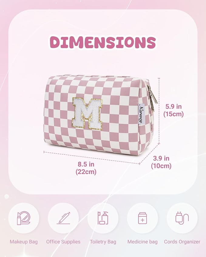 Narwey Birthday Gifts for Women Girls, Initial Makeup Bag for Bridesmaid Teacher Sister Friend Daughter Graduation Gifts, Personalized Monogram Cosmetic Toiletry Bag, Teen Girls Trendy Stuff (Pink M)