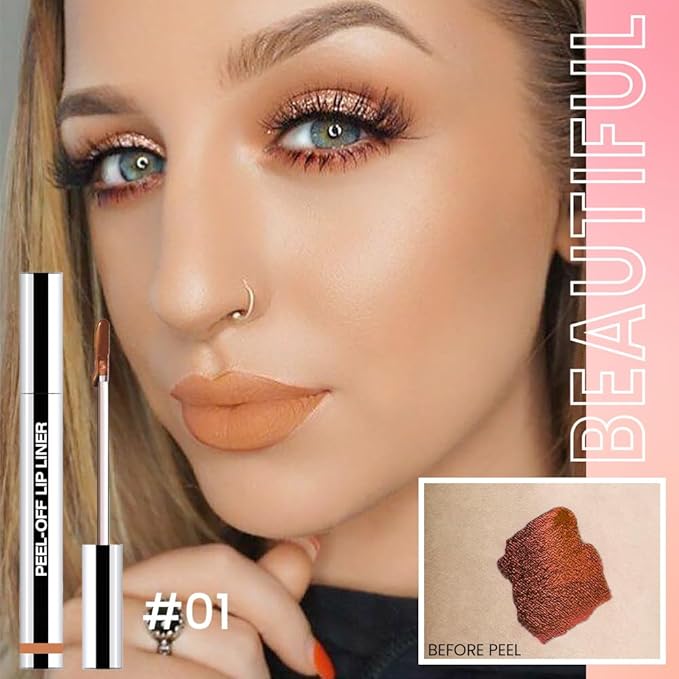 Orange Brown Liquid Matte Lip Liner Stain Peel Off with Tweezer, Long Lasting, Waterproof Matte Lipstick Lip Gloss Tattoo for Women, Transfer-prof Lip Tint Makeup for All Skin Types 01#