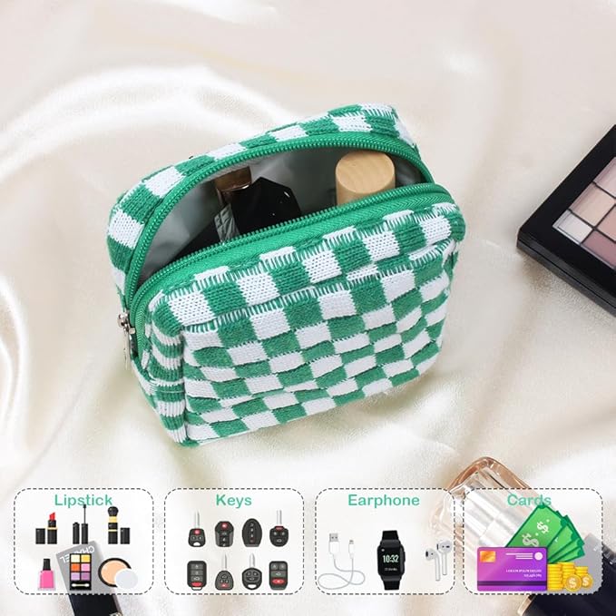 2 Pieces Makeup Bag Set, Small Checkered Cosmetic Bag Travel Toiletry Organizer Mini Green Cosmetic Pouch Case Makeup Brushes Quilted Aesthetic Accessories Storage Bag for Women (Large+Mini Green)