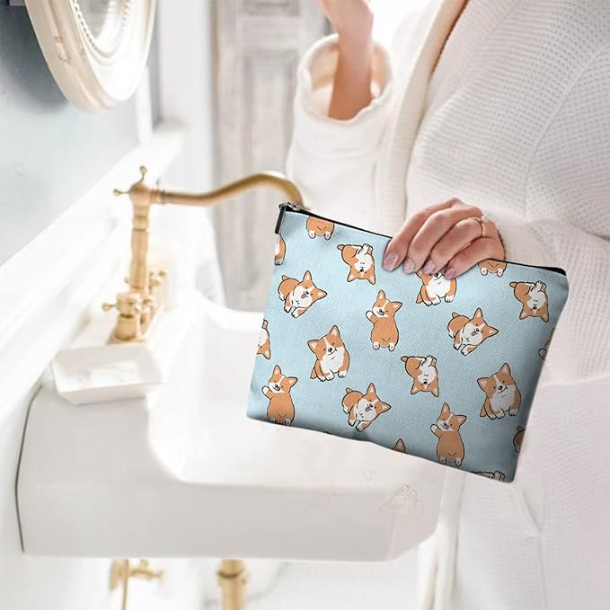 Cute Makeup Bag for Purse Canvas Waterproof Funny Cosmetic Bags for Women Zipper Travel Toiletry Pouch-Corgi Makeup Bags