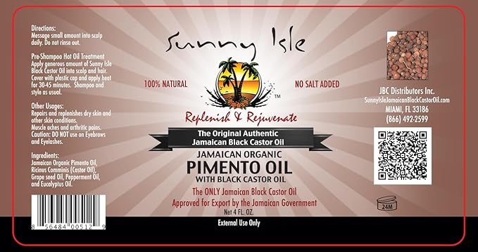 Sunny Isle Jamaican Organic Pimento Oil with Black Castor Oil 4oz | Formulated to Nourish the Scalp, Condition and Strengthen Hair | Traditional Body Rub for Muscle Pain