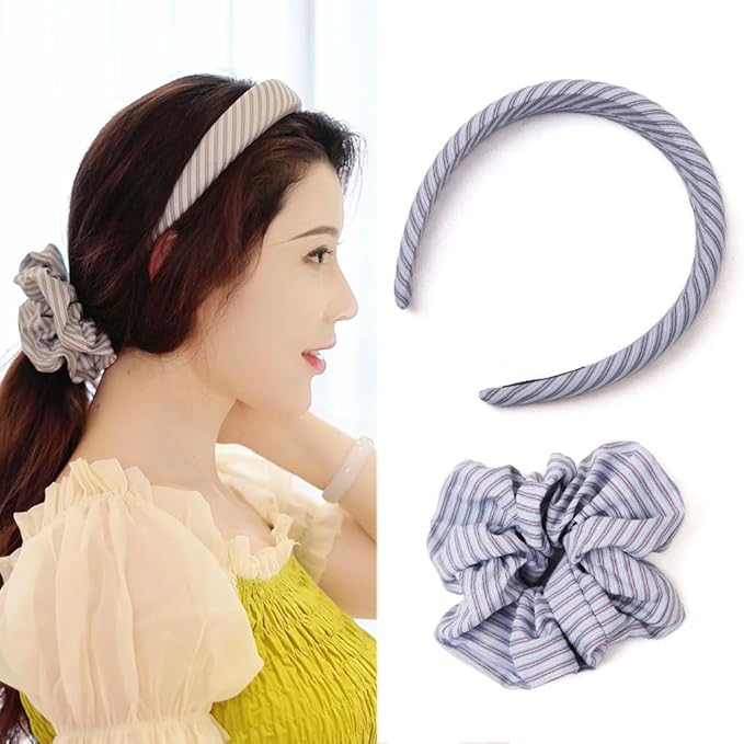 Headband and Scrunchie Set for Women 2Pack Hair Ties for Girls Elastics Bands Ponytail Holder Hair Accessories Blue Stripe