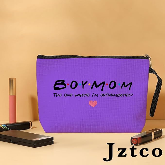 Jztco Boy Mama Makeup Bag, Baby Shower Gifts for Mom First Time, Christmas Birthday Unique Cosmetic Bag Funny Mothers Day, New Mom Gifts - Boy Mama The One Where I'm Outnumbered, Purple