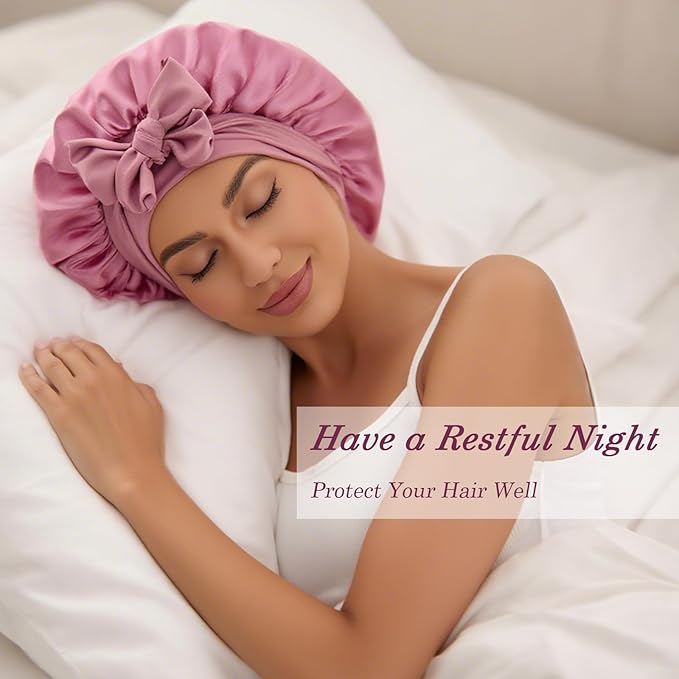 Satin Hair Bonnet for Sleeping Women, Double Layer Silk Bonnets for Women with Tie Band, for Braids Curly Long Hair