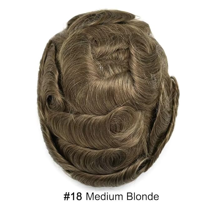 Mens Toupee Human Hair Piece French Lace Toupee for Man Hair System Indian Human Hair Replacement Systems V-Looped PU Front Hairpieces 6"X9" #18 Medium Blonde