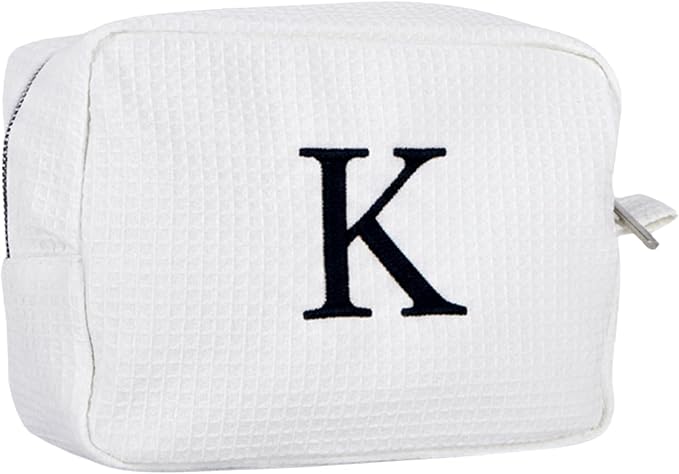Personalized White Waffle Makeup Bag,Custom Embroidered Initial Cosmetic Pouch for Women,Monogrammed Cosmetic Case,Bridesmaid Gifts (K)
