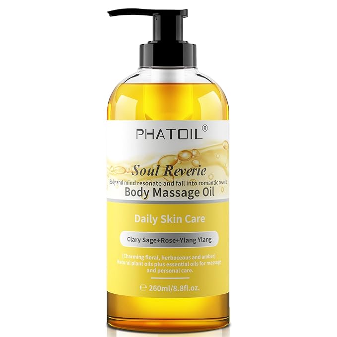 PHATOIL 260ML YlangYlang Body Massage Oil for with Clary Sage and Rose Oil, Large Bottle Body & Facial Oil for Nourishing Skin, Muscle, Scented Body Oil for After Shower(8.8FL.OZ)
