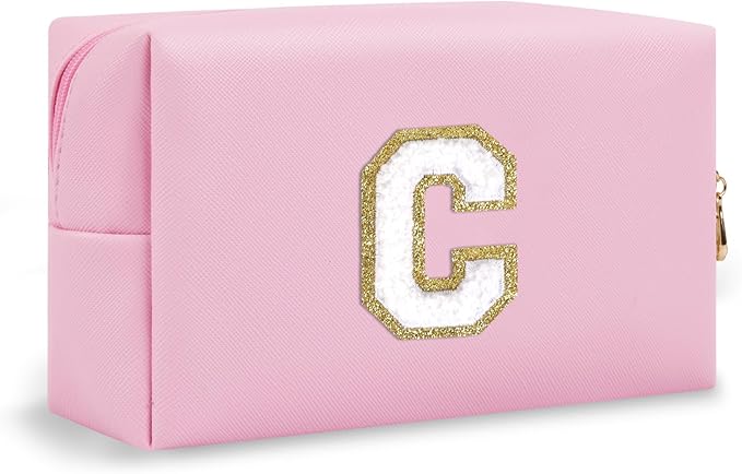 Personalized Initial Preppy Makeup Bag, Small Cute Pink Toiletry Pouch Monogram Cosmetic Travel Organizer with Zipper, PU Waterproof Glitter Make Up Bags Gift for Female Coworker Friends(Letter C)