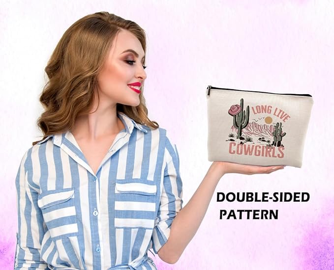Long Live Cowgirls Cosmetic Bag, Pink Retro Western Cowgirl Hat Desert Cactus Makeup Bag Zipper Cosmetic Pouch Bag Travel Linen Makeup Organizer, Preppy Gifts for Teen Girls Women Cowgirls