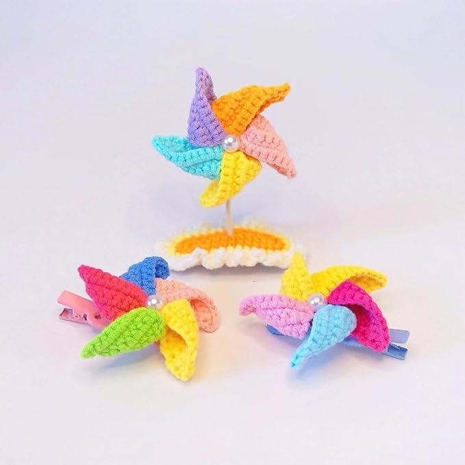 Crochet Knitting Hair Clip for Girls/Daughter, Gift for Her Birthday, Finished Handmade Wool Knitted Colorful Windmill