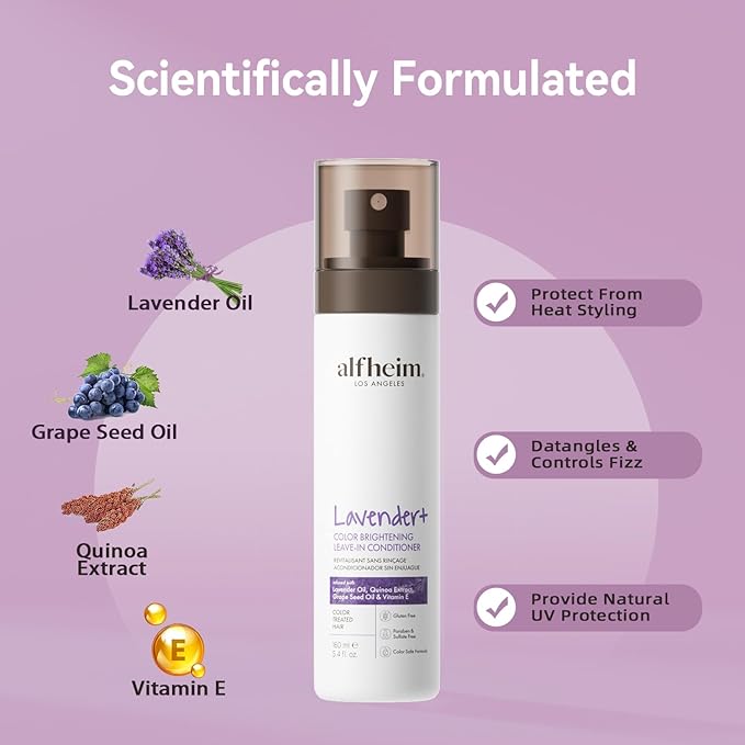 ALFHEIM Lavender+ Purple Leave-In Spray for Blonde, Silver & Color-Treated Hair – Anti-Brass Toning, Detangling & Heat Protection – with Quinoa Extract & Vitamin E – Sulfate Free – 5.4 oz / 160 ml