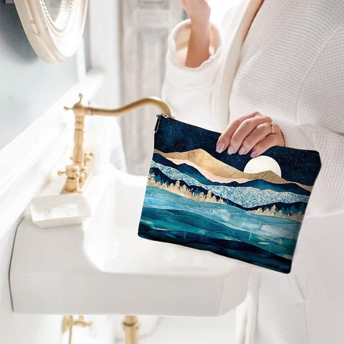 Cute Makeup Bag for Purse Canvas Waterproof Funny Cosmetic Bags for Women Zipper Travel Toiletry Pouch-Mountain Moon Lake Makeup Bags
