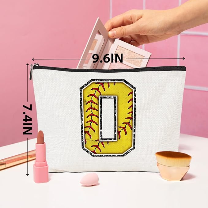 Softball Gifts Initial Makeup Bag Monogrammed Cosmetic Bag Letter O Zipper Pouch Softball Accessories for Girls Women Player Coach Friend Stuff Graduation Birthday Gifts ﻿