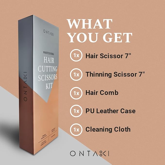 Ontaki Hair Cutting & Thinning Japanese Steel Shears Kit - 7-Inch, Black - Professional Hair Shears - Stainless Steel Thinning Scissors - Barber Scissors Kit with Comb & Pouch