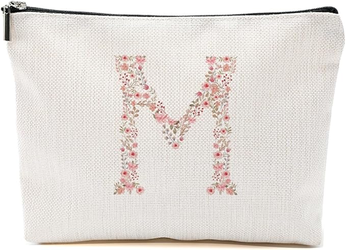 Initial Makeup Bag Floral M Personalized Cosmetic Bag Monogrammed Gifts for Women Girls Mom Bridesmaid Monogram Zipper Pouch for Teacher Appreciation Mothers Day Birthday Wedding Bridal Shower Gifts