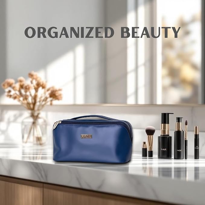 NAORI Travel Makeup Bag for Women | Large Luxury Cosmetic Organizer with Handle & Inner Pockets | Waterproof Leather Toiletry Bag | Makeup Case for Home, Travel & Gifting (Dark Teal)