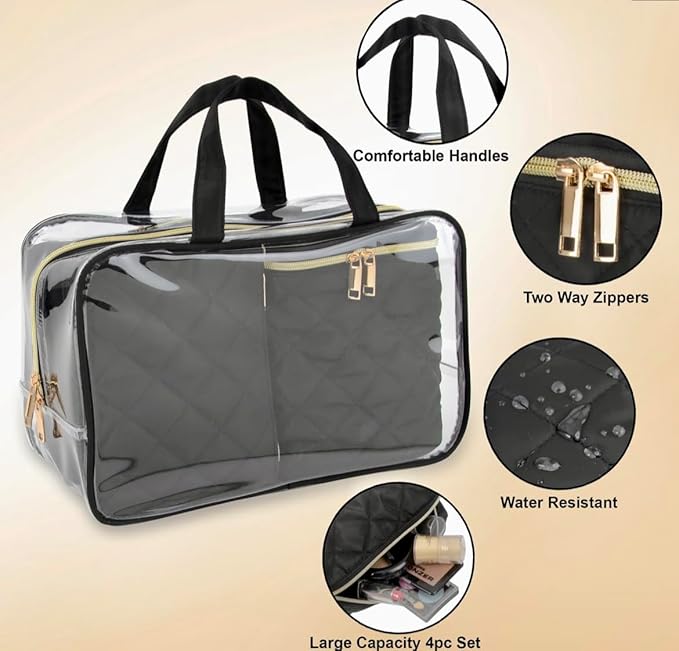 4-Piece Quilted Makeup Bag Gift Set, with Clear Cosmetic Travel Case, Water Resistant, Gold Zippers, Black