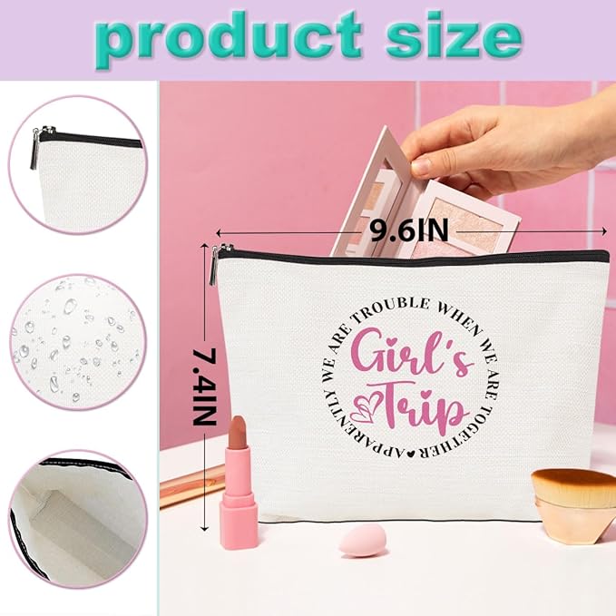 Girls Trip 2025 Makeup Bag - 4 Pcs Weekend Cosmetic Toiletry Zipper Pouch Weekender Bags for Women - Summer Favors, Friendship, Bachelorette Party, Birthday Gifts