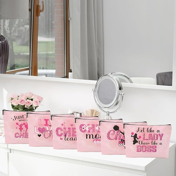 Cheerleader Gifts, 6 Pcs Cheer Makeup Bag Cheer Gifts Cheer Stuff Cosmetic Bag Cheerleading Gifts for Women Girls Sisters Teammates Travel Toiletry Bag, Graduation Birthday Gifts Cheer Team Gifts