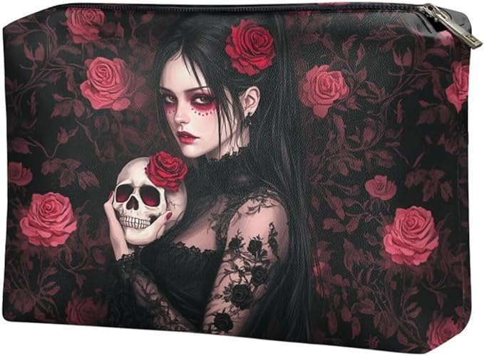COEQINE Gothic Cosmetic Wallet for Women With Phone Holder Purse Cosmetic Handbag With Soft Leather Cosmetic Case With Zipper for Travel Portable Red Skull Print Cell Phone Purse,Love Gift for Her