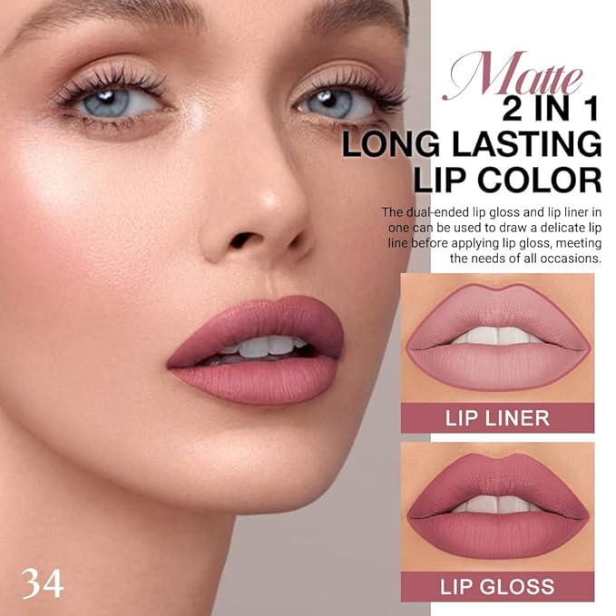 1Pcs 2 in 1 Neutral Mauve Matte Lip Liner and Liquid Lipstick Stain Makeup Set for women, Mauve Long Lasting Smudge Proof Lip Tint Matte Finish Lip Gloss for All-Day Color Hold Easy to Use 34#