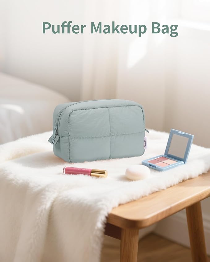 Narwey Puffy Makeup Bag for Travel Women Girl, Quilted Makeup Bag Cosmetic Bag, Cute Puffer Make Up Organizer Bags, Travel Toiletry Bag Toiletries (Sage Green)