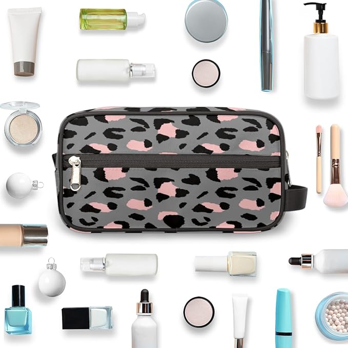 Grey Leopard Cheetah Print Travel Toiletry Bag for Women Men Lightweight Cosmetic Makeup Bag Organizer Waterproof Shaving Bag Dopp Kit with Large Capacity for Toiletries and Shaving Accessories