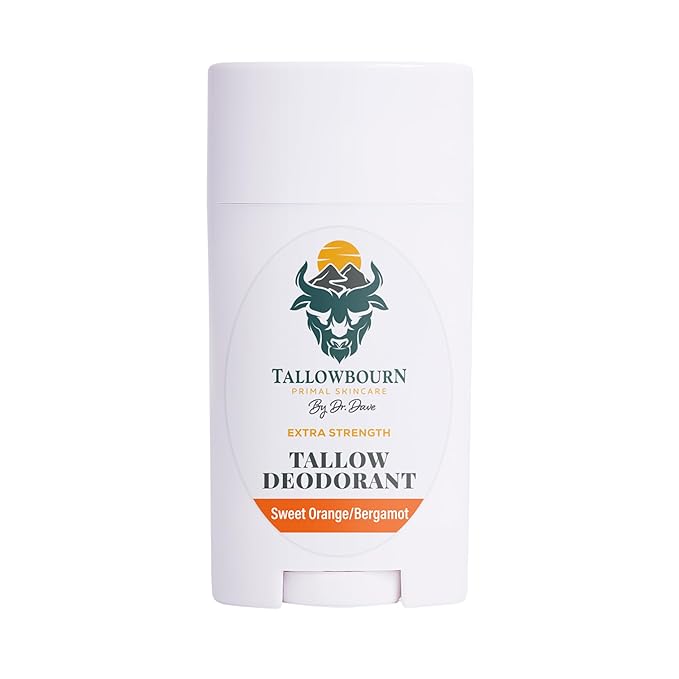 Dr. Dave's Primal Essence Extra Strength Tallow Deodorant - Aluminum-Free - Baking Soda, Beeswax, Coconut Oil, and Mango Butter - Sweet Orange and Bergamot Deodorant for Men and Women - 3 oz