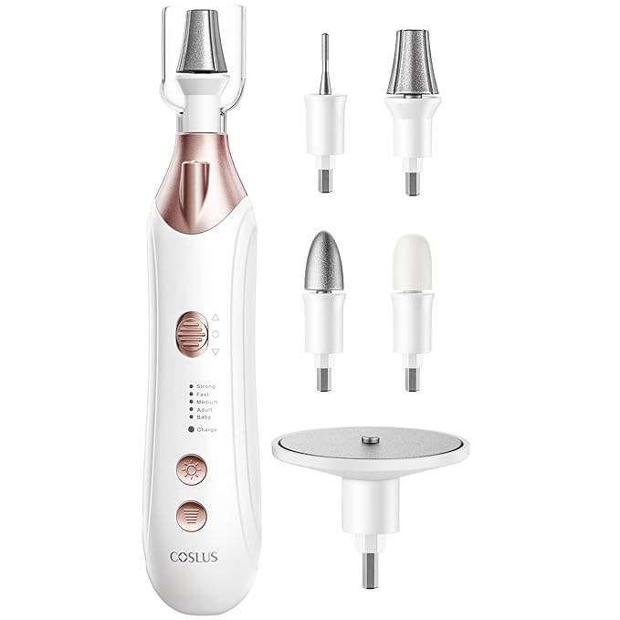 COSLUS Professional Pedicure Tools for Feet: Electric Nail File for Thick Toenails, Quiet High Precision, 5-Speed Motor Rechargeable Compact with LED & Steel Bits, Home Care for Adults & Seniors