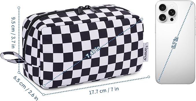 Narwey Small Checkered Makeup Bag for Purse Travel Makeup Pouch Mini Cosmetic Bag Zipper Pouch for Women (Black Checkerboard, Small)