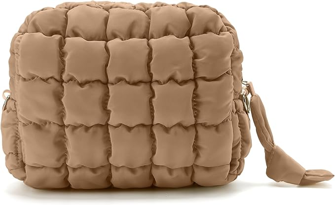 Puffy Quilted Makeup Bag Small Puffer Bag Cosmetic Bags Travel Toiletry Purse for Women, Cute Organizer Pouch, Khaki